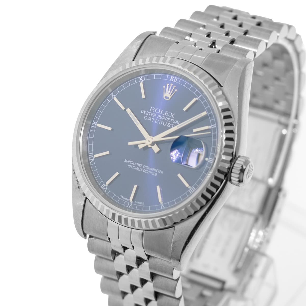 Rolex Datejust 36mm Steel Blue Index Dial & White Gold Fluted Bezel 16234