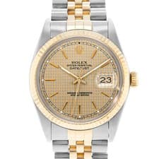 Rolex Datejust 36 16013 Champagne Houndstooth Steel 18k Yellow Gold Mens Watch