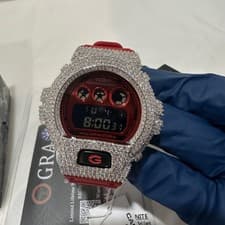 Casio G-Shock DW6900 RED Iced Out Moissanite Mod D Color VVS Men's Watch