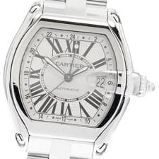 Auth CARTIER Roadster W62032X6 Date GMT Silver Dial Automatic Men's Watch