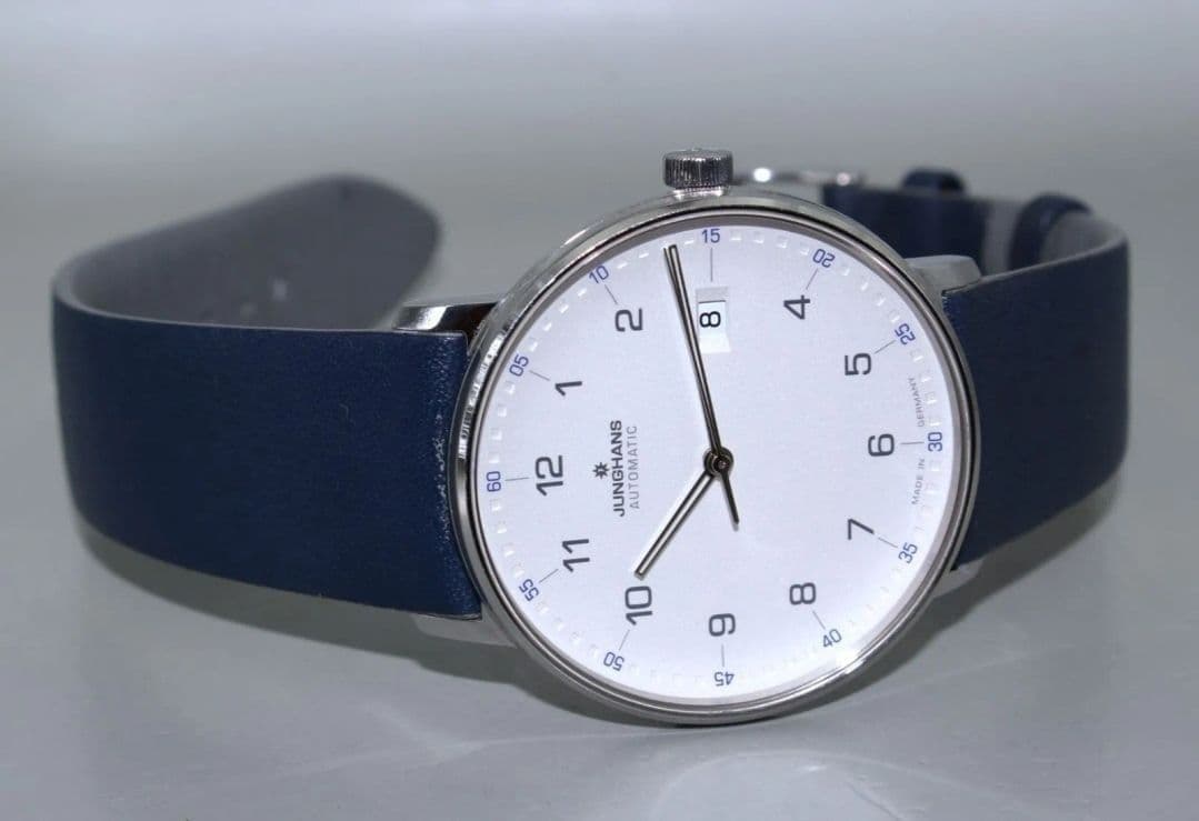 JUNGHANS Form A Auto Watch White Dial Navy Leather Date 027/4735 Used