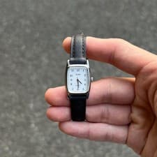 Vintage Seiko ALBA Tank Square Watch Black Leather Strap Silver Black