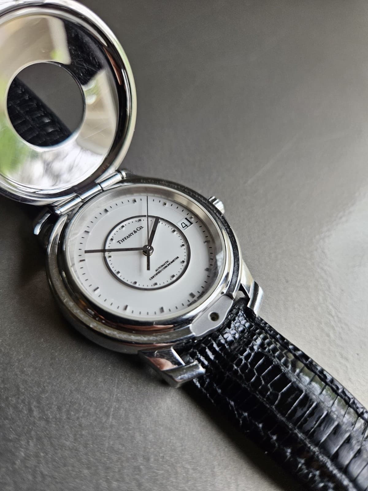 Tiffany Atlas Demi Hunter Flip Cover Case Cocktail Watch w/ Black Lizard Strap!