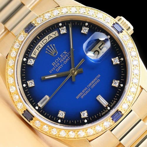 ROLEX MENS DAY-DATE 18238 FACTORY DIAL DIAMOND SAPPHIRE 18K GOLD PRESIDENT WATCH