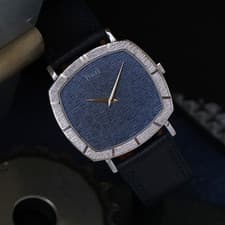 Piaget 1970s Bark Cushion Blue Dial 18k White Gold Automatic