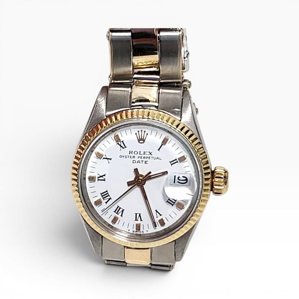 Rolex Ladies Date 26 mm Two Tone Oyster White Roman Watch 6519 Circa 1967
