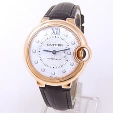 Cartier Ballon Bleu 18k Rose Gold Leather Diamonds Silver Ladies Watch WE902040