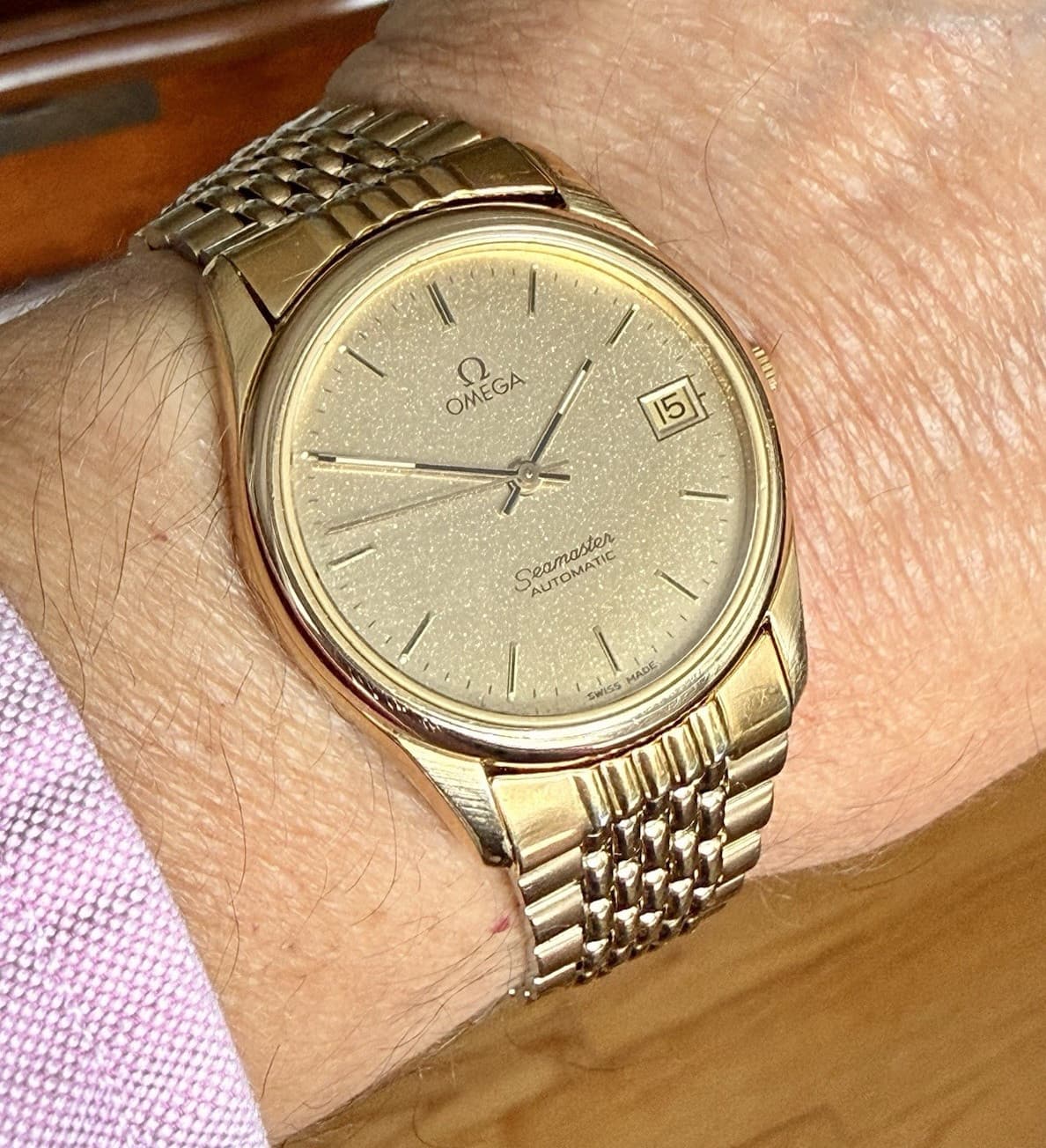 MINTY OMEGA SEAMASTER AUTOMATIC STARDUST DIAL, BEADS OF RICE BRACELET +8SEC/DAY