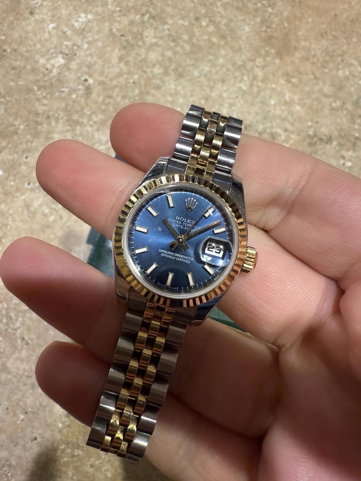 Rolex Ladies Datejust 26 Two-Tone Blue Dial Fluted Jubilee 179173 w/ Card