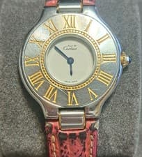 Cartier Quartz Watch Pink Leather Band Silver Gold Women Used Authentic