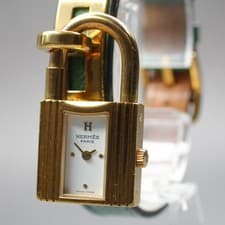 Vintage HERMES Kelly Padlock Green Leather White Dial Ladies Quartz watch JAPAN