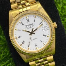 Rare Bulova Super Seville Calendar White Dial Roman Gold Date Vintage Watch Men