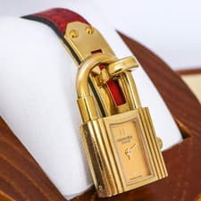 Hermes Kelly Watch Gold Red Quartz Working New Battery Cleaned Ladies 37mm