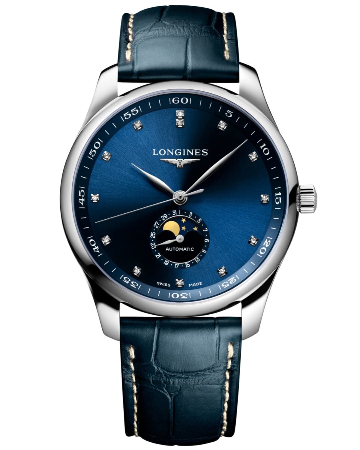 Longines Master Moonphase 42MM Blue Diamond Leather Mens Watch L2.919.4.97.0