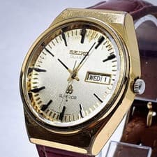 Seiko Quartz Superior Mens Wristwatch 48338001 Gold Dial Timepiece Vintage