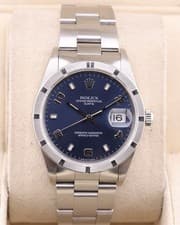 2000 Rolex Oyster Perpetual 34mm  Date Engine Turned Bezel Blue Dial 15210