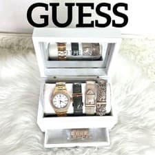 GUESS Gold Watch Line Stone Timepiece Snake Gray Leather Band Used Vintage