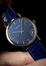 1970s Zenith Steel blue dial thin dress watch ref 01-0111-185 date Peseux 7001