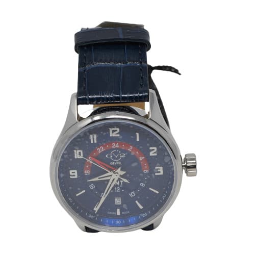 Gv2 By Gevril Men's 42302 Giromondo Blue Dial Leather Date Swiss Made GMT Watch