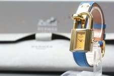 Full Set *Near MINT* HERMES Kelly Padlock Gold Blue Leather Ladies Quartz Watch