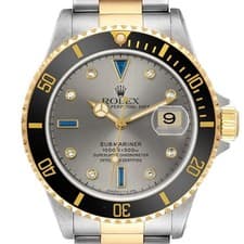 Rolex Submariner Steel Yellow Gold Sapphire Diamond Serti Dial 16613 Box Papers