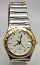 Omega Constellation SS/18k Half Bar Guilloche Dial Quartz Watch Ref 396.1201