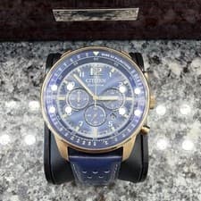 Citizen Eco-Drive Chronograph Blue Dial Gold Case Leather Strap Men's Watch