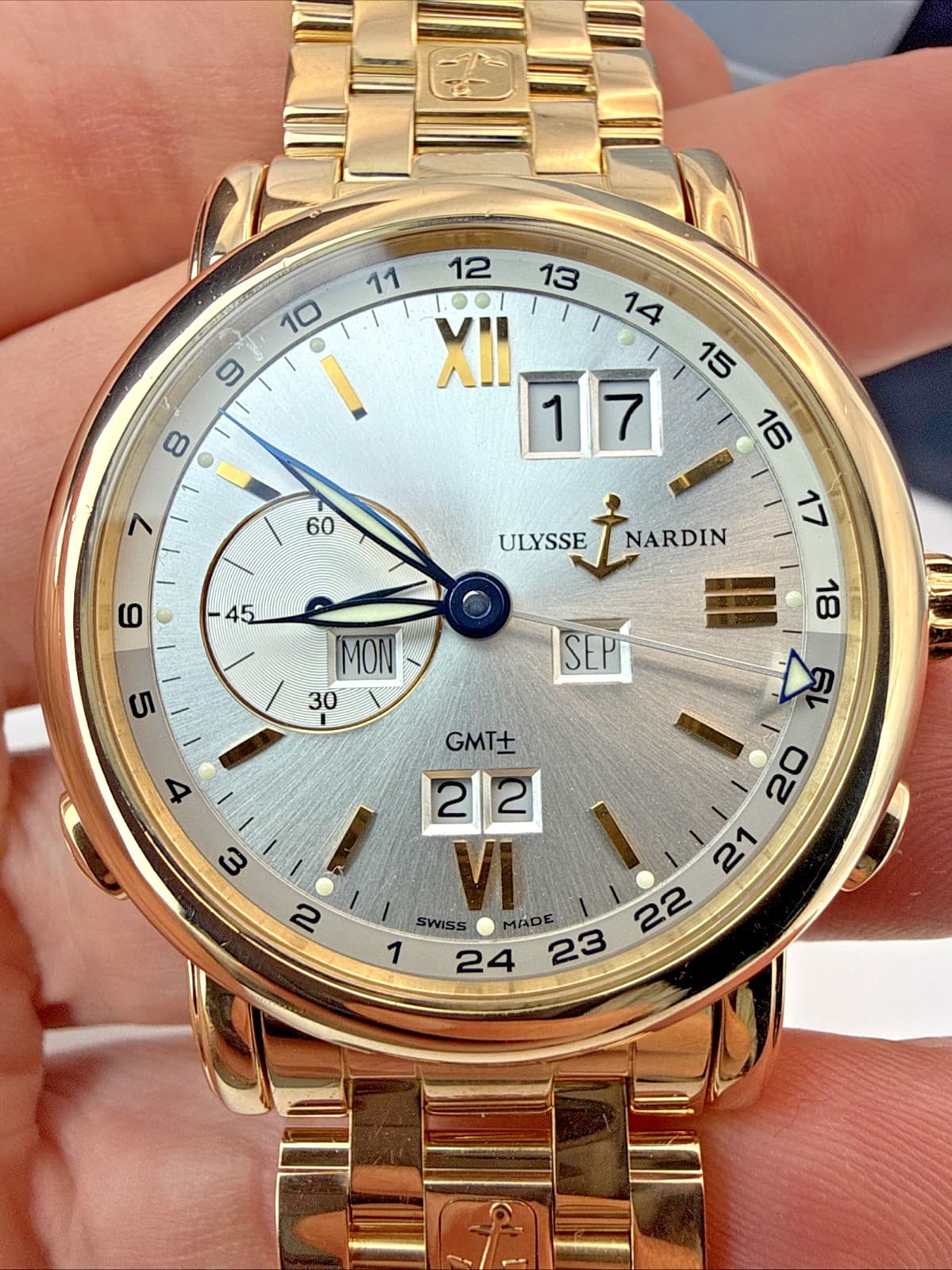 Ulysse Nardin Perpetual Calendar GMT 18k Rose Gold Bracelet Ref 326-82 Box-paper