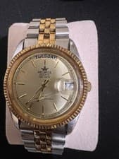 Helbros Quartz Day-Date Gold Silver Stainless Steel Water-Resistant Watch