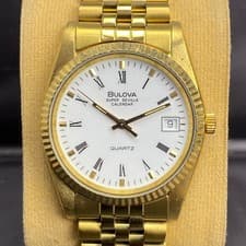 RARE Bulova Super Seville Calendar Quartz Roman White Dial Gold Vintage Watch
