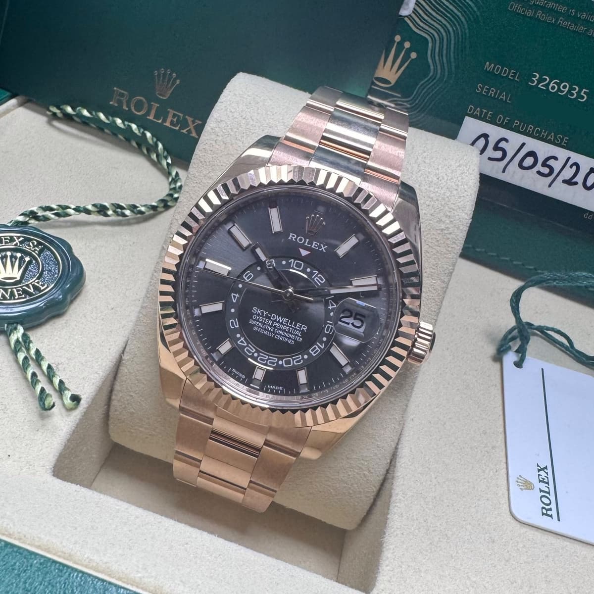 Rolex Sky-Dweller 2021 Auto 42 326935 Slate Dial 18K RG Fluted Bezel Oyster Band