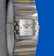 Ladies Omega Constellation Quadra 18K Gold Watch White MOP Dial Diamond 1335.76