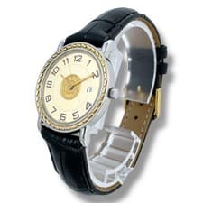 HERMES Sellier Quartz Stainless Steel Gold Dial Black Leather Strap Women's