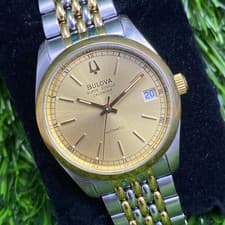 Rare Bulova Super Seville Calendar Automatic Gold Dial TwoTone Fixed Bezel Watch