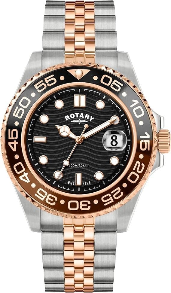 Rotary Men's watch Apex100 Diver Black Dial Silver Rose Gold Bracelet 45mm