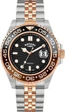 Rotary Men's watch Apex100 Diver Black Dial Silver Rose Gold Bracelet 45mm