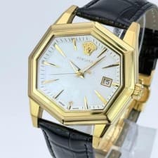 Versace Octagon Watch 13Q Gold Used Genuine Battery Working Rare From Japan