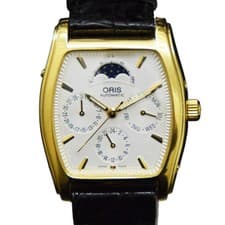ORIS Day Date Automatic Winding Watch Moon Phase 7488 Gold Black White Dial SS