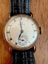 Omega Vintage 14K Gold Wristwatch Black Leather Strap Roman Numeral Dial