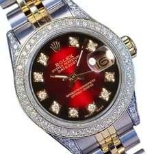 Rolex Datejust Two-Tone 14KY SS Red Vignette Diamond Dial Bezel Lugs 26mm Watch