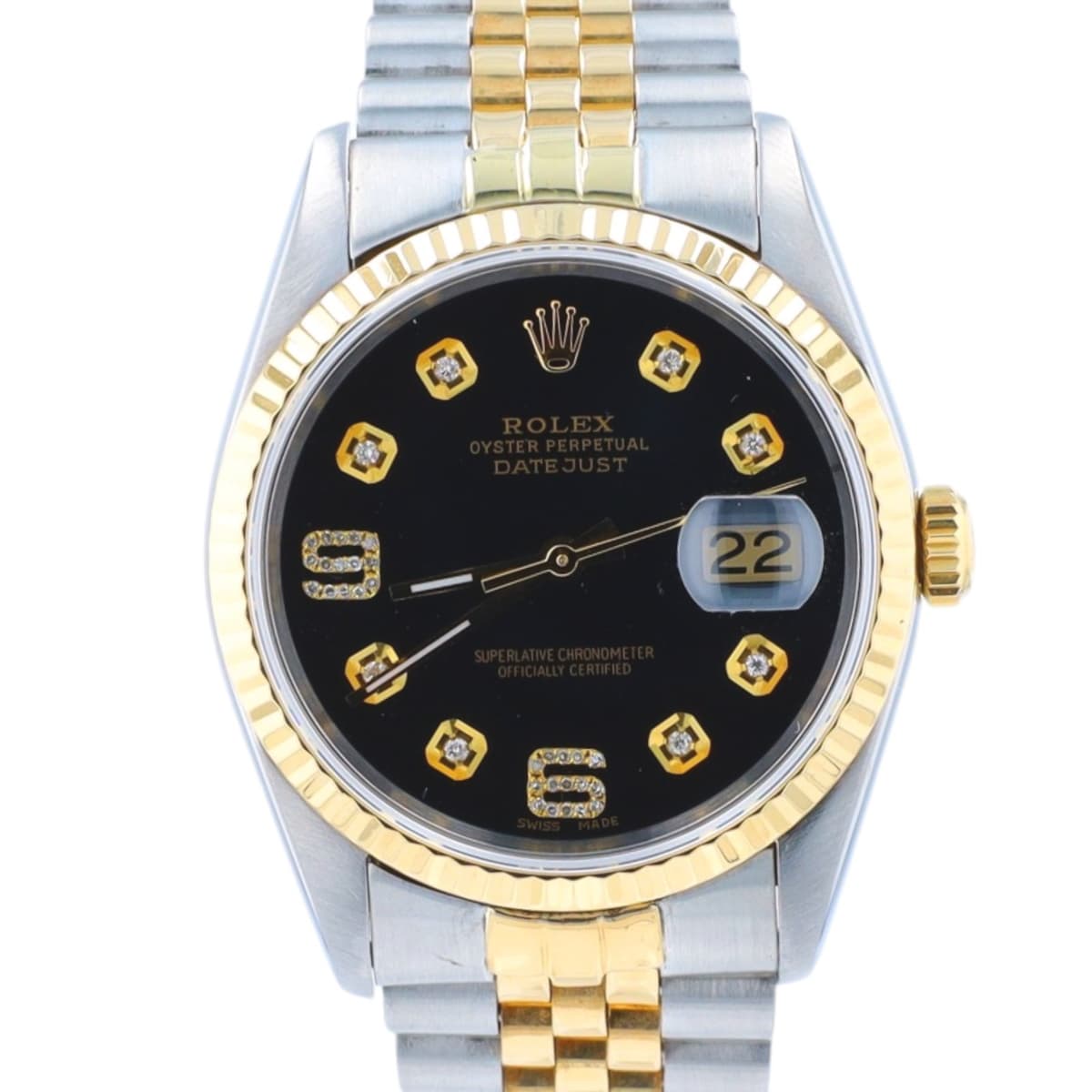 Rolex Datejust Two-Tone 16233 18KY SS Black 6&9 Diamond Dial Jubilee Band Watch