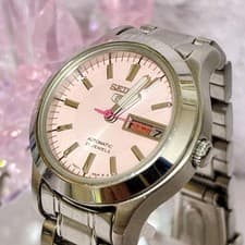 SEIKO 5 Automatic Watch Salmon Pink Timepiece Vintage Ladies Dressy