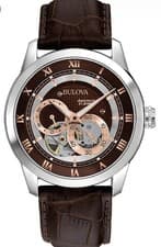 Bulova Brown Dial Sutton automatic Skeleton Watch with Rose Gold Accents Mens