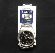 Seiko 5 Automatic Stainless Steel Black Dial Indian Numerals Men's Wristwatch