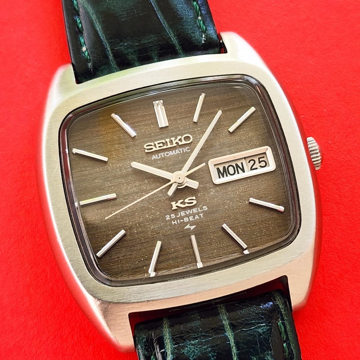 Seiko KS King Seiko Watch 1972 Rare Grey Dial Automatic 5246-5010 Green Leather