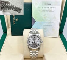 2005 Rolex Datejust 16234 36mm Rhodium Roman Dial 18K Gold Bezel Steel Box Paper