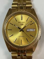 Seiko 5 Automatic Watch Gold Fluted Bezel Day Date 7S26-0500