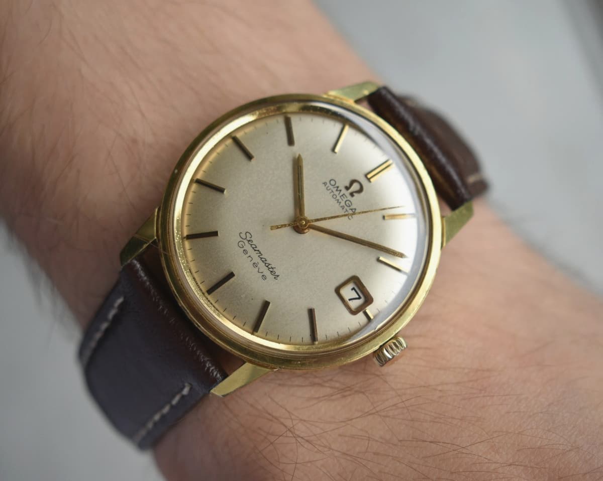 1968 Vintage Omega Seamaster Geneve Men's Watch Gold Automatic Date Rare Leather