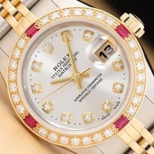ROLEX LADIES DATEJUST 69173 SILVER DIAMOND RUBY 18K YELLOW GOLD STEEL WATCH