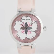 Louis Vuitton Tambour Q13MJE Quartz Sakura Diamond Pink Dial Leather Women's